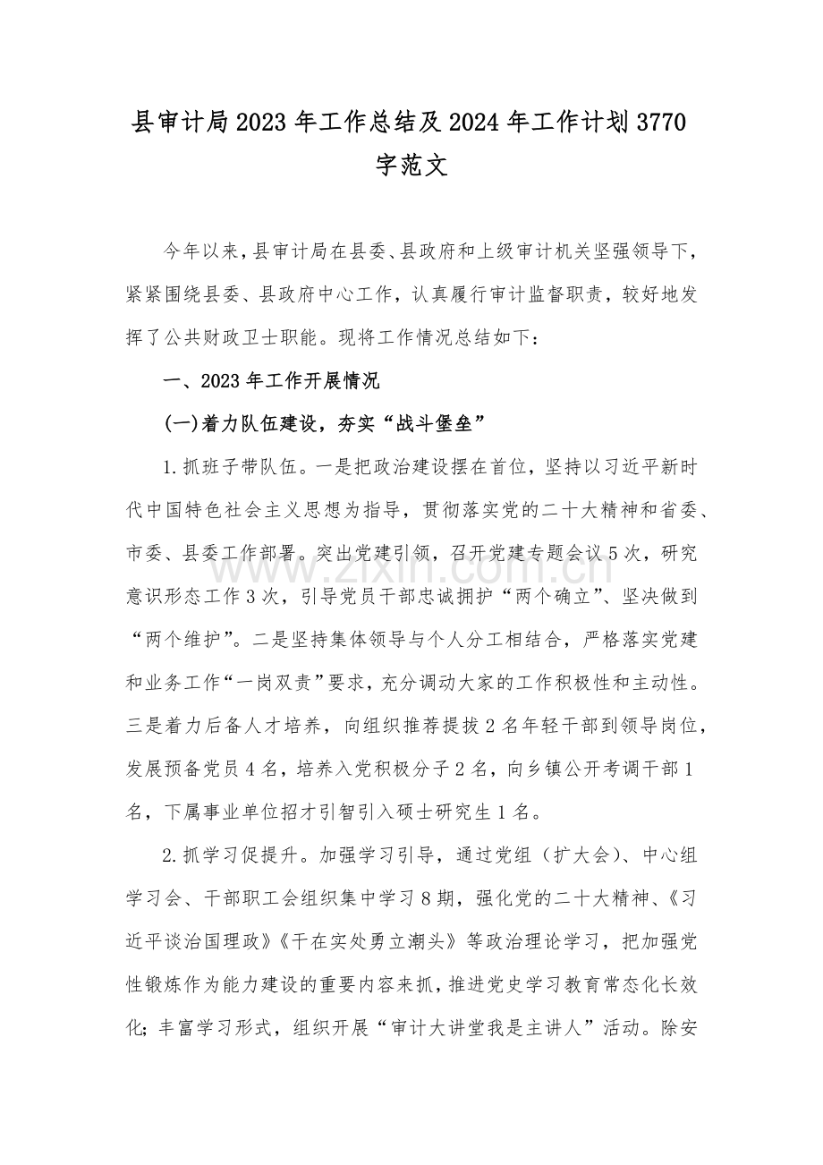 县审计局2023年工作总结及2024年工作计划3770字范文.docx_第1页