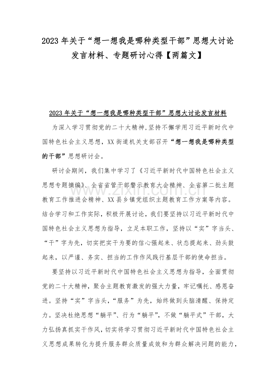 2023年关于“想一想我是哪种类型干部”思想大讨论发言材料、专题研讨心得【两篇文】.docx_第1页