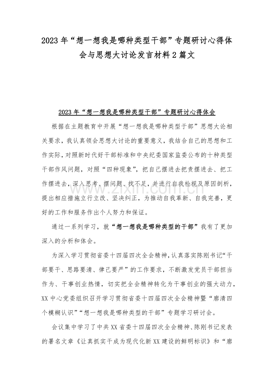 2023年“想一想我是哪种类型干部”专题研讨心得体会与思想大讨论发言材料2篇文.docx_第1页