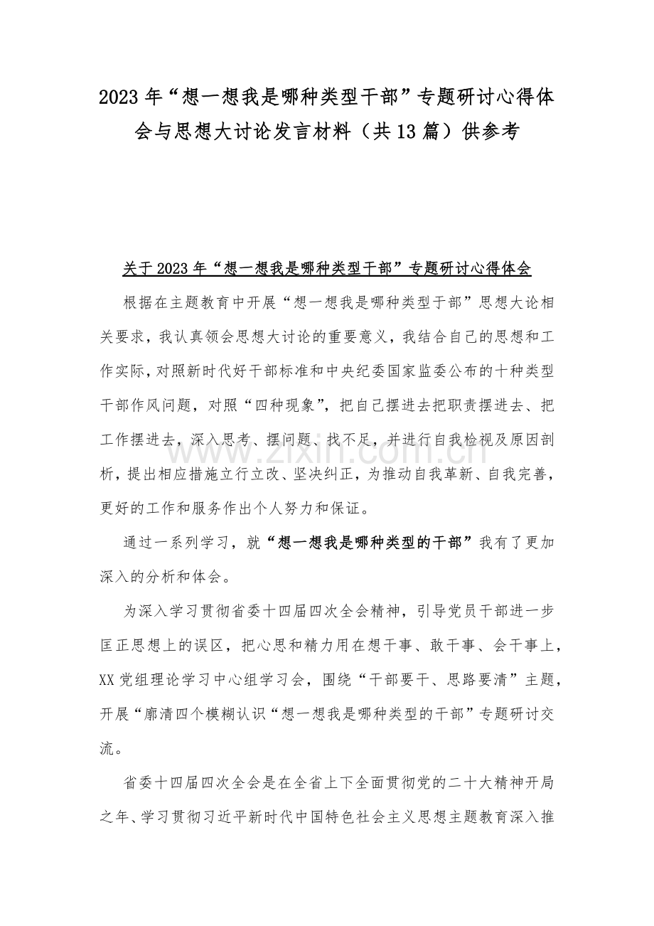 2023年“想一想我是哪种类型干部”专题研讨心得体会与思想大讨论发言材料（共13篇）供参考.docx_第1页