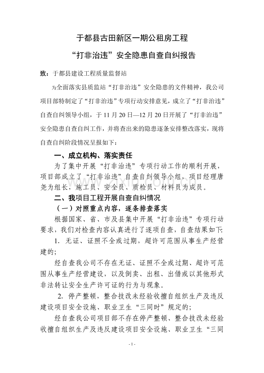“打非治违”自查自纠报告.doc_第1页