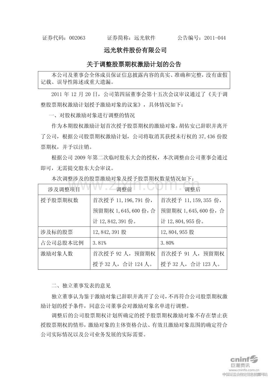 远光软件股份有限公司_关于调整股票期权激励计划的公告.pdf_第1页