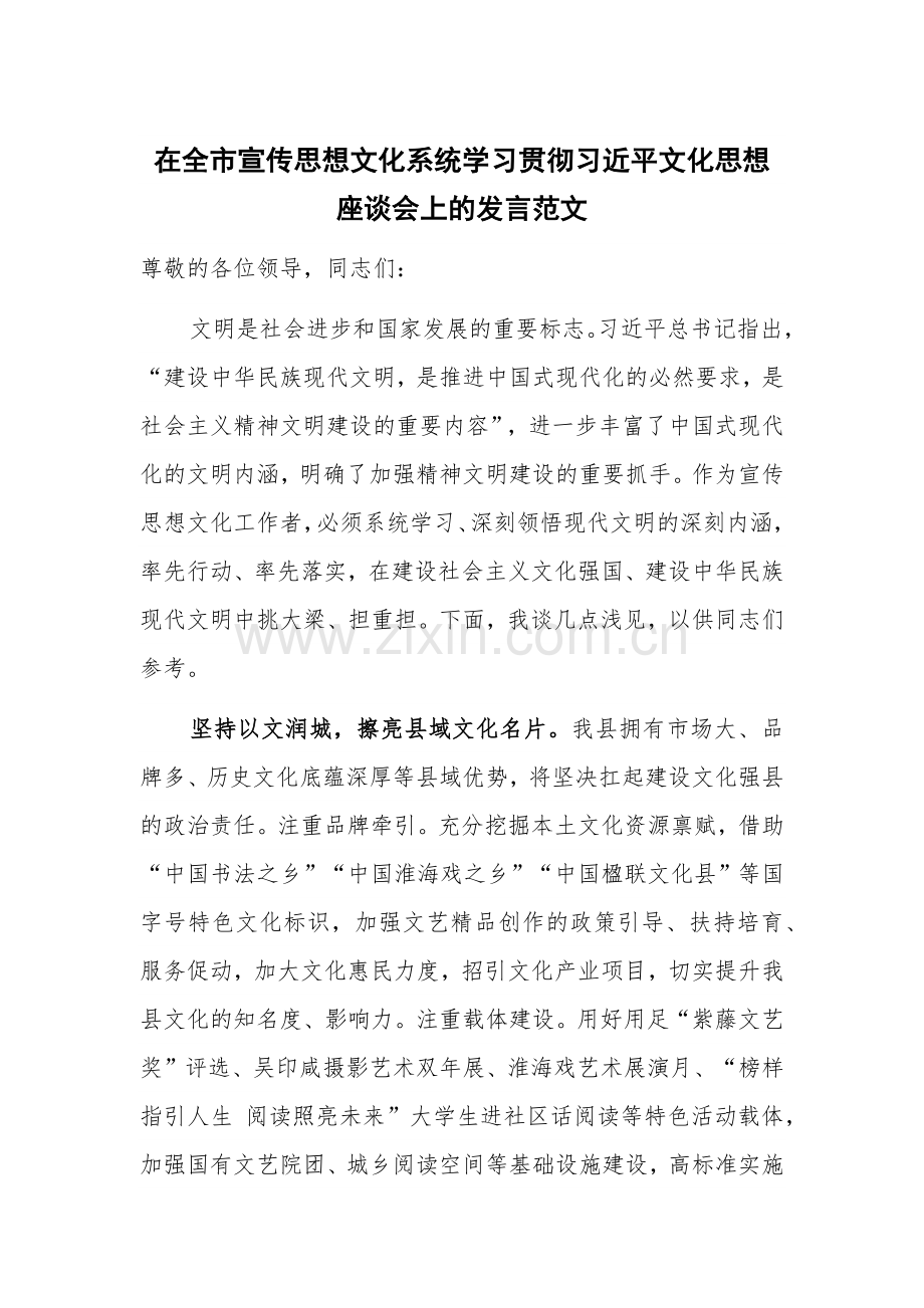 在全市宣传思想文化系统学习贯彻习近平文化思想座谈会上的发言范文.docx_第1页
