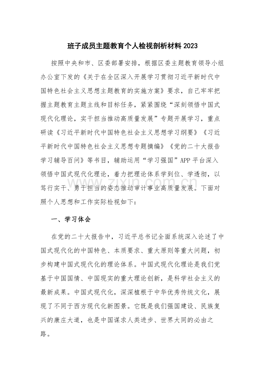 班子成员主题教育个人检视剖析材料2023.docx_第1页