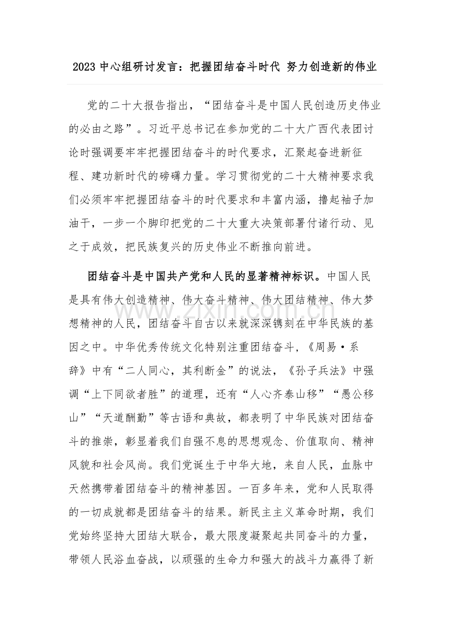 2023中心组研讨发言：把握团结奋斗时代 努力创造新的伟业.docx_第1页