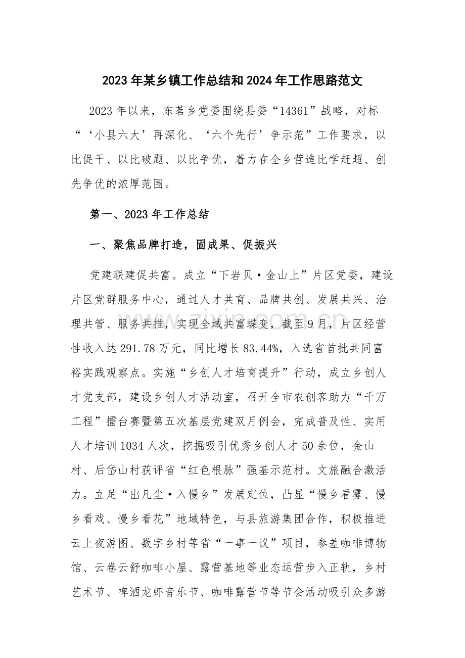 2023年某乡镇工作总结和2024年工作思路范文.docx_第1页
