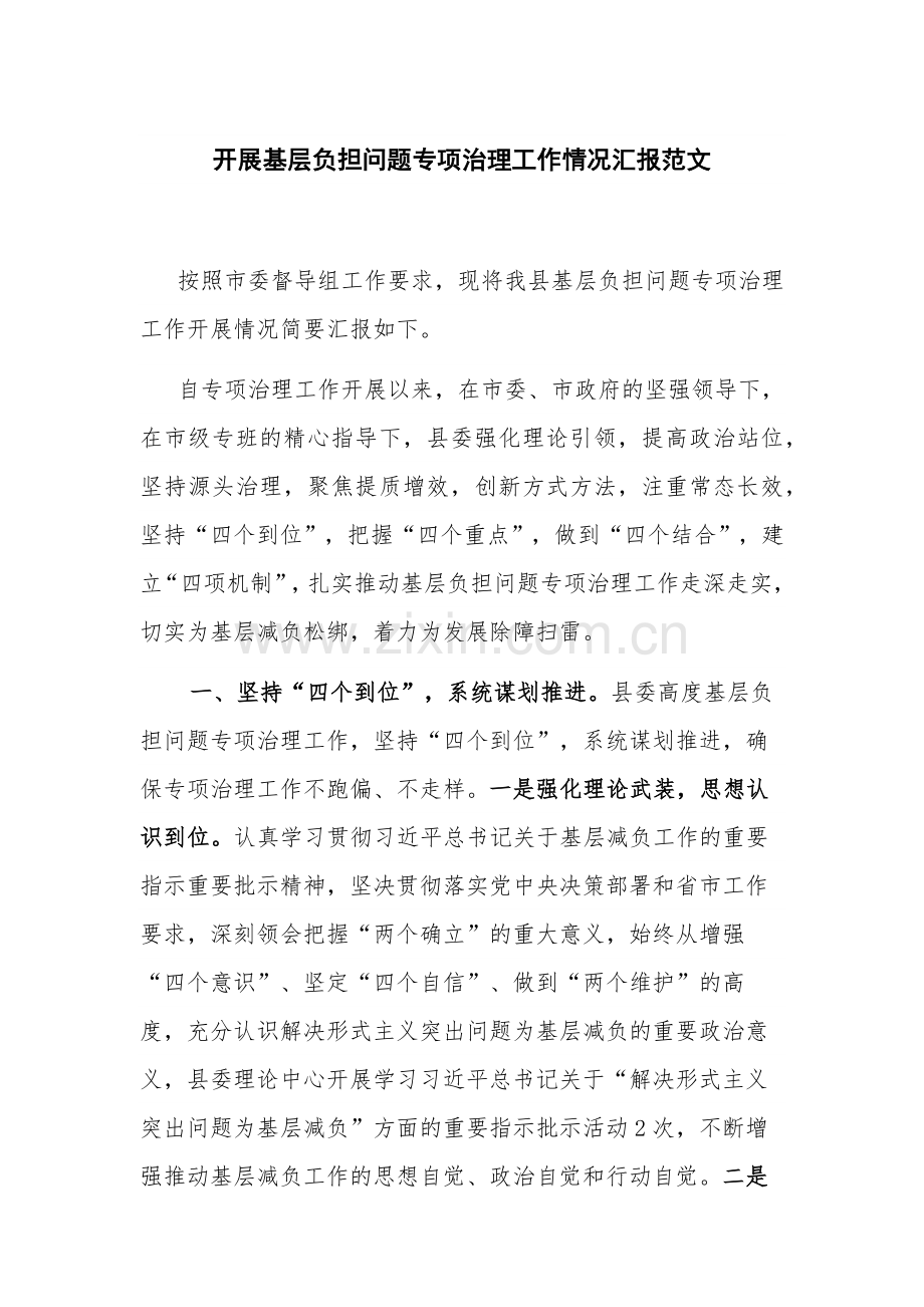 开展基层负担问题专项治理工作情况汇报范文.docx_第1页