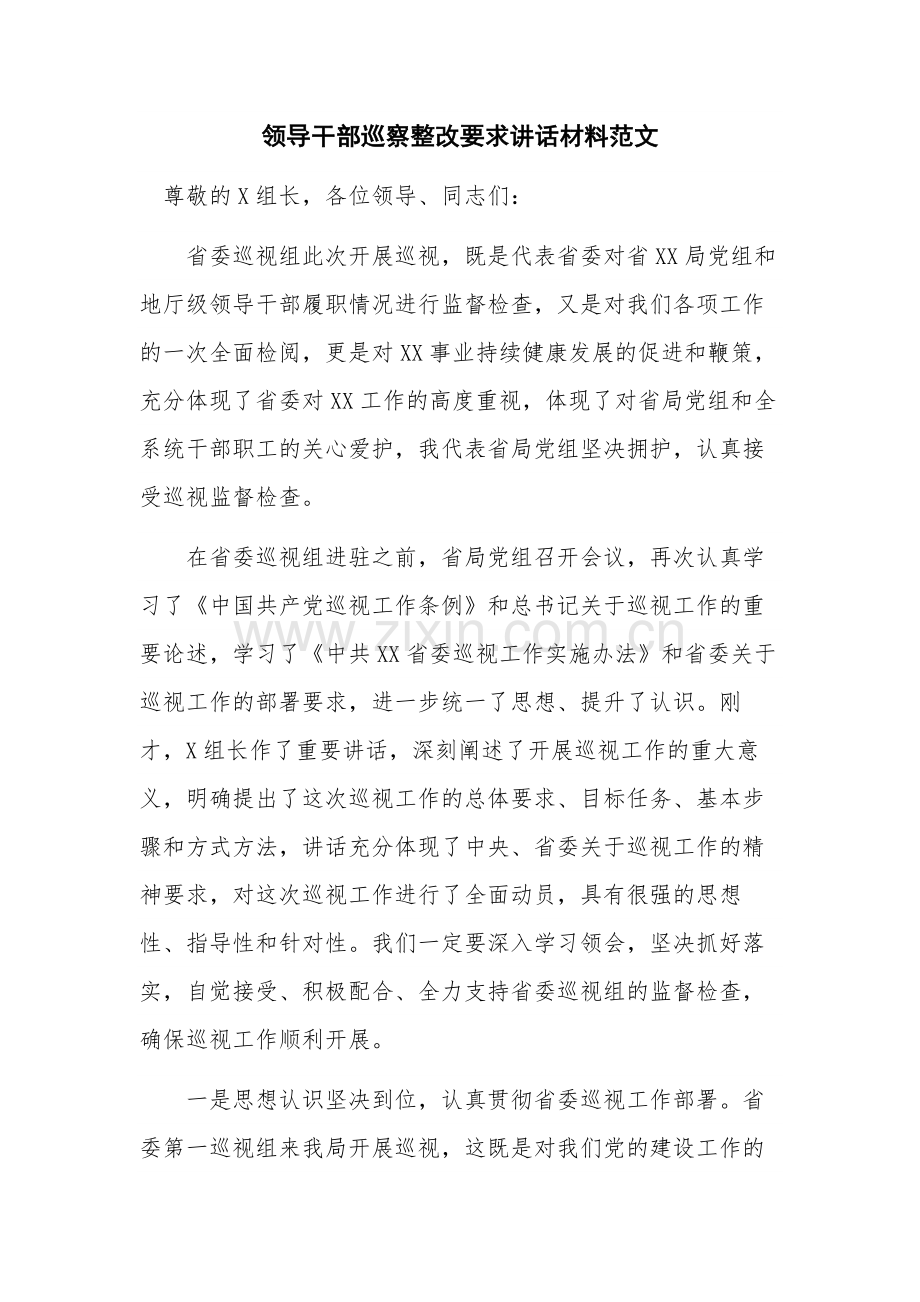 领导干部巡察整改要求讲话材料范文.docx_第1页