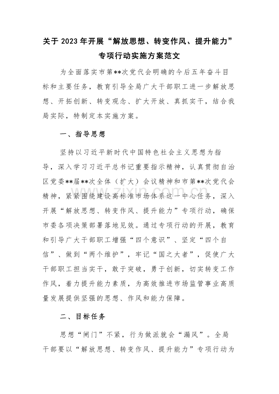 关于2023年开展“解放思想、转变作风、提升能力”专项行动实施方案范文.docx_第1页