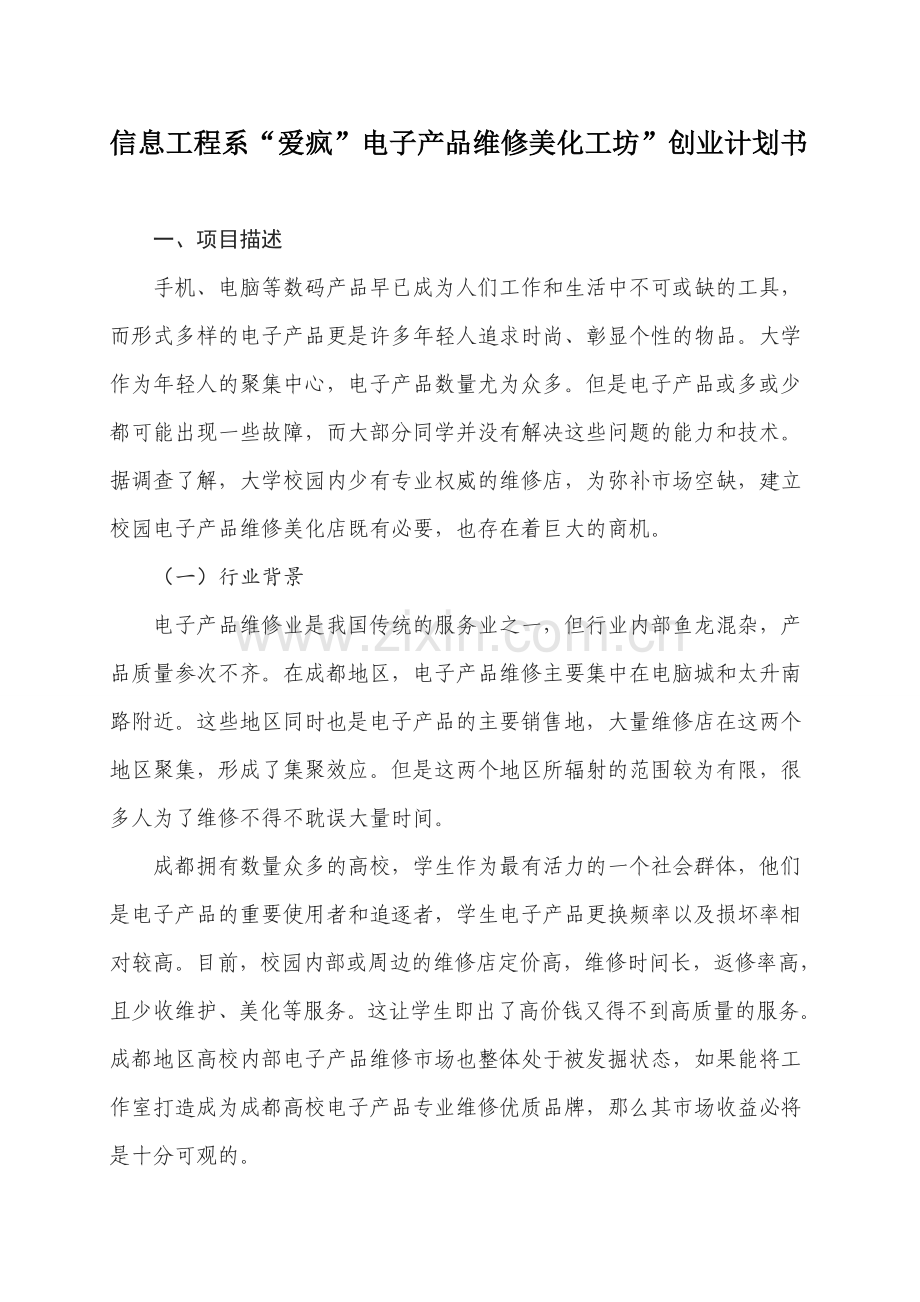 “爱疯”电子产品维修美化工坊创业计划书(信息系) .doc_第2页