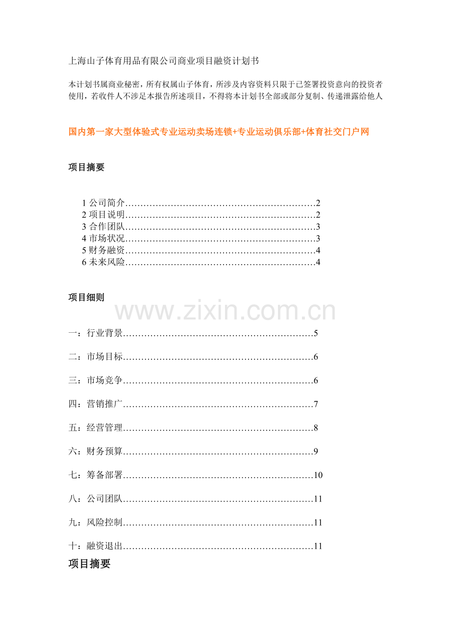 上海山子体育用品有限公司商业项目融资计划书 .doc_第1页
