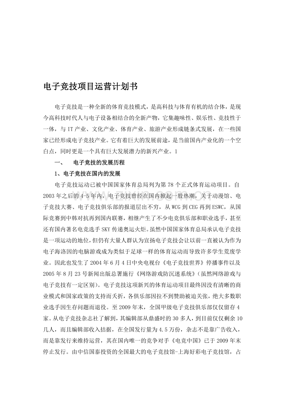 电子竞技项目运营计划书 (1) .doc_第1页