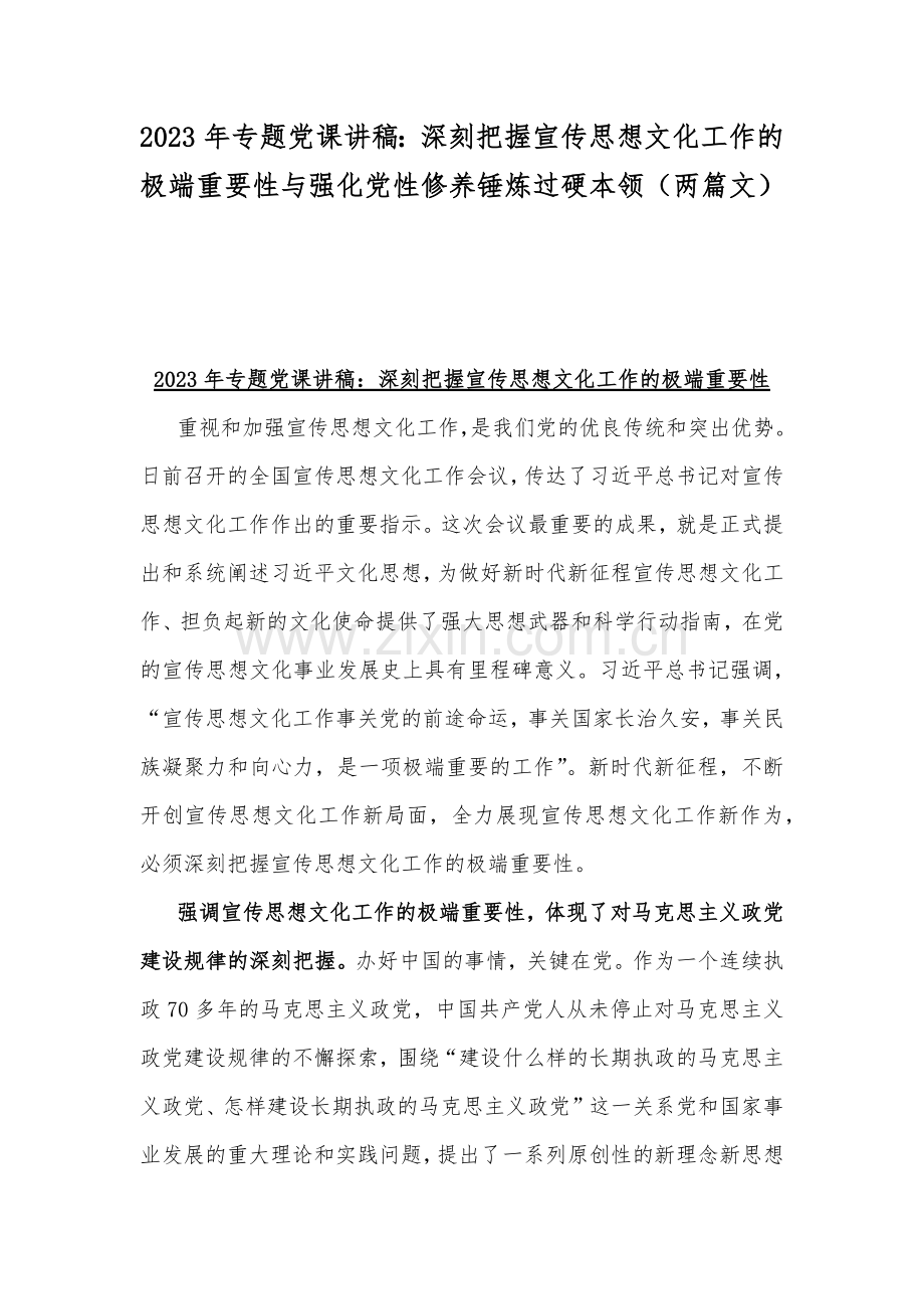 2023年专题党课讲稿：深刻把握宣传思想文化工作的极端重要性与强化党性修养锤炼过硬本领（两篇文）.docx_第1页