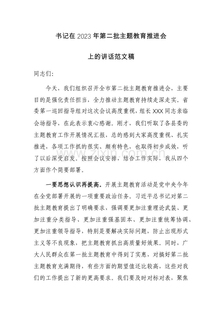 书记在2023年第二批主题教育推进会上的讲话范文稿.docx_第1页