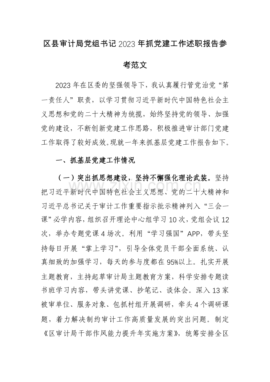 区县审计局党组书记2023年抓党建工作述职报告参考范文.docx_第1页