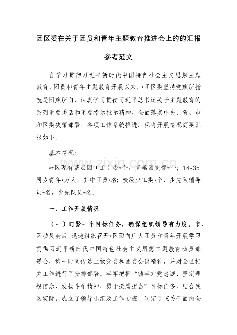 团区委在关于团员和青年主题教育推进会上的的汇报参考范文.docx_第1页