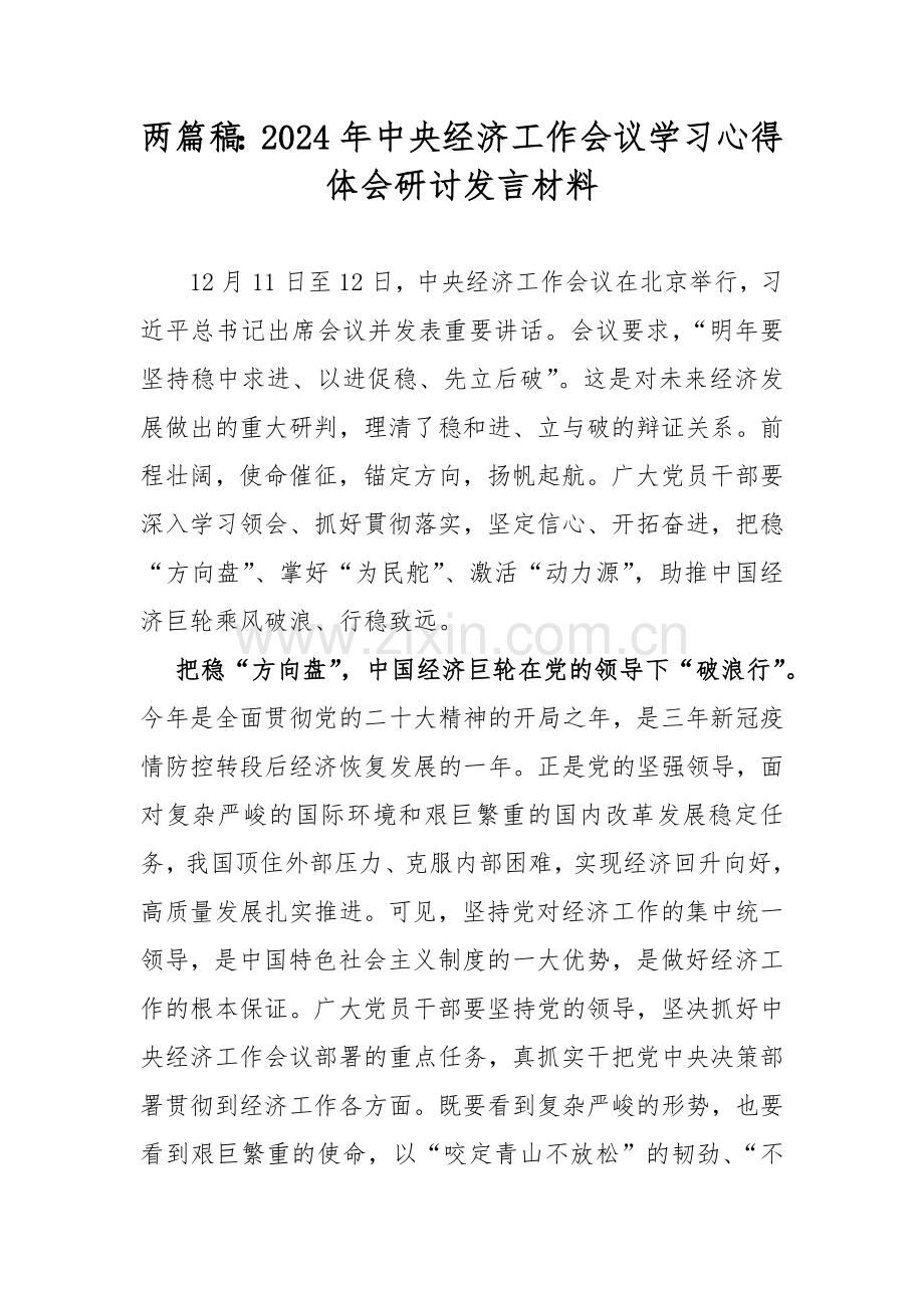 两篇稿：2024年中央经济工作会议学习心得体会研讨发言材料.docx_第1页