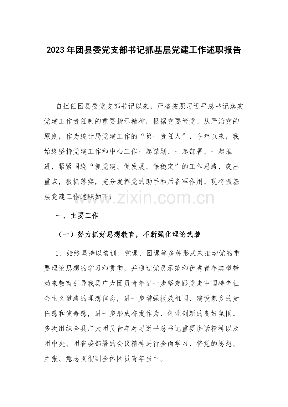 2023年团县委党支部书记抓基层党建工作述职报告.docx_第1页