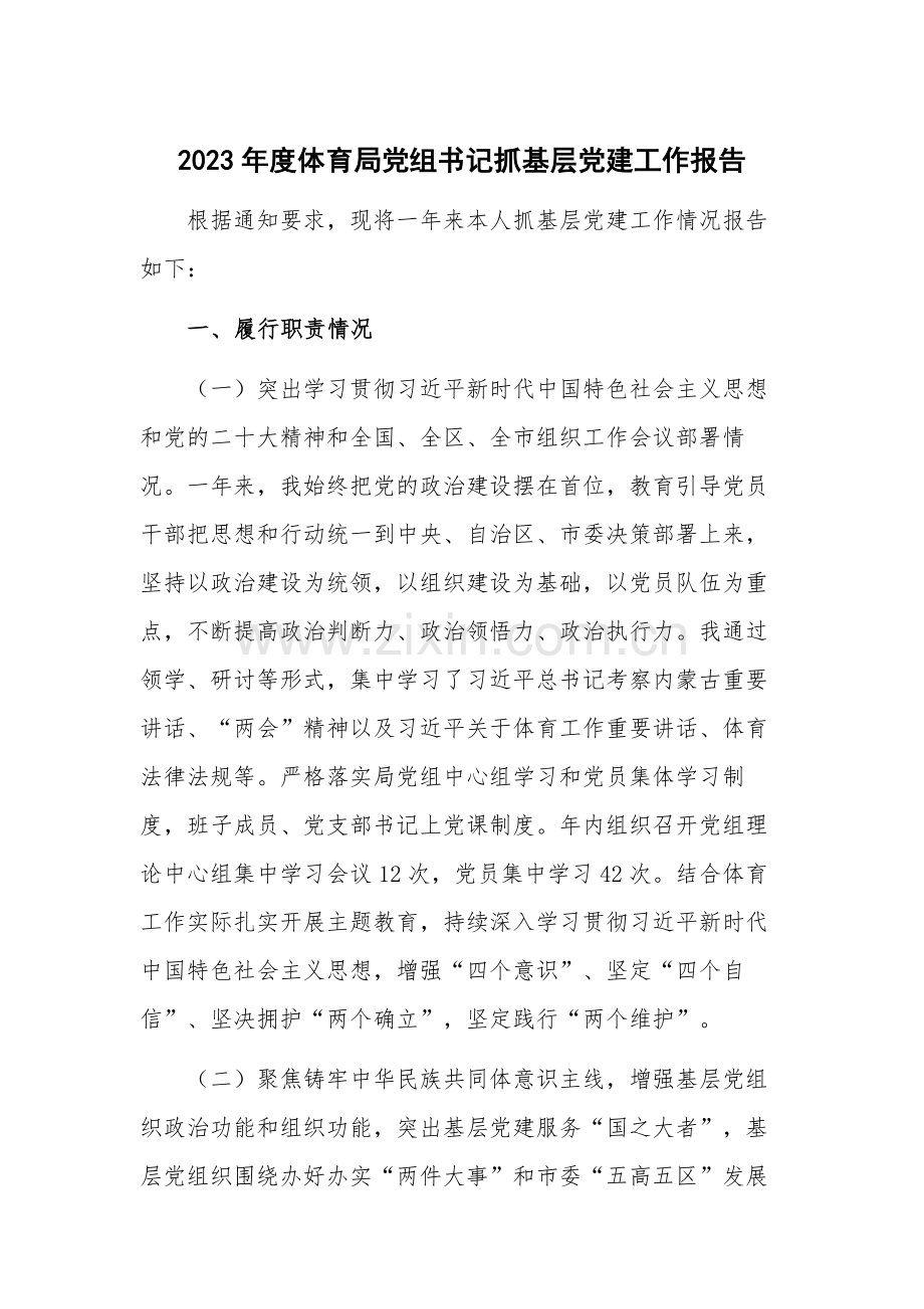 2023年度体育局党组书记抓基层党建工作报告.docx_第1页
