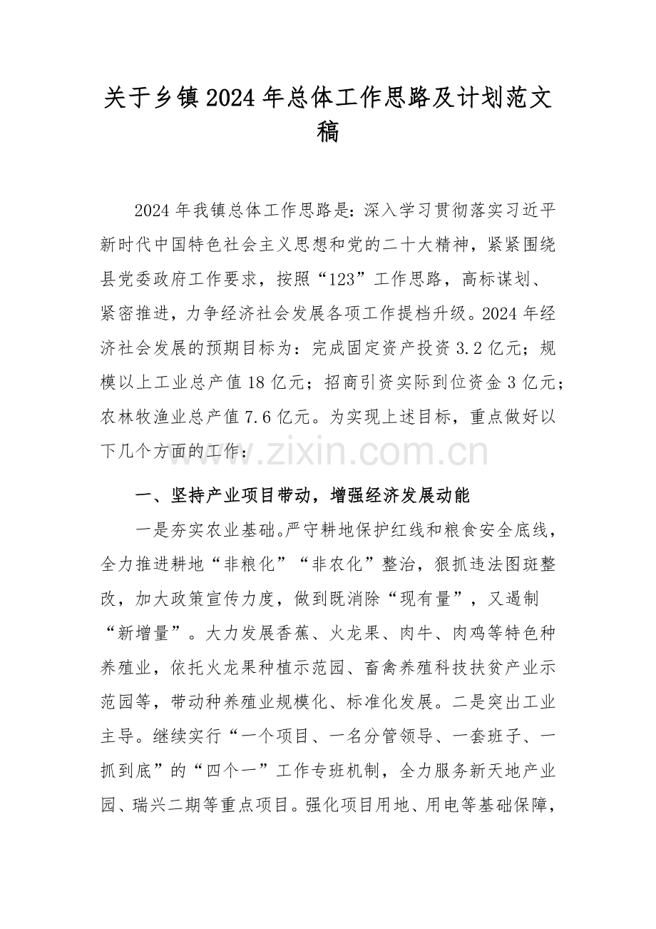 关于乡镇2024年总体工作思路及计划范文稿.docx_第1页