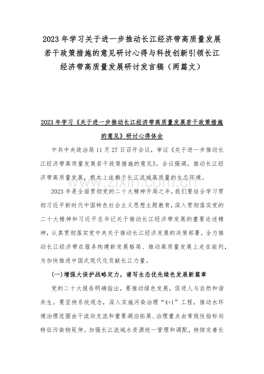 2023年学习关于进一步推动长江经济带高质量发展若干政策措施的意见研讨心得与科技创新引领长江经济带高质量发展研讨发言稿（两篇文）.docx_第1页