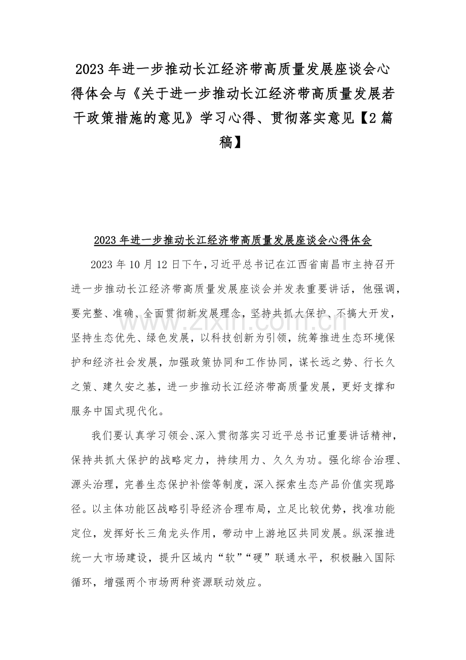 2023年进一步推动长江经济带高质量发展座谈会心得体会与《关于进一步推动长江经济带高质量发展若干政策措施的意见》学习心得、贯彻落实意见【2篇稿】.docx_第1页
