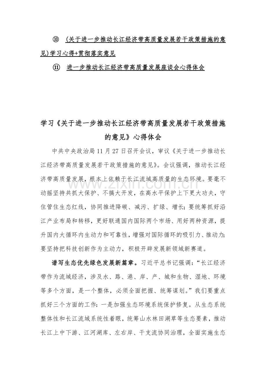 [11篇文]2023年学习《关于进一步推动长江经济带高质量发展若干政策措施的意见》研讨心得体会、发言稿供参考.docx_第2页
