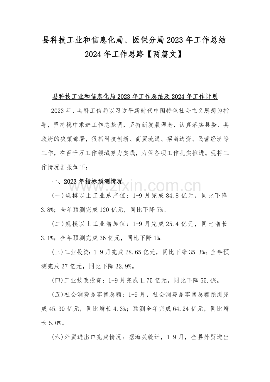 县科技工业和信息化局、医保分局2023年工作总结2024年工作思路【两篇文】.docx_第1页