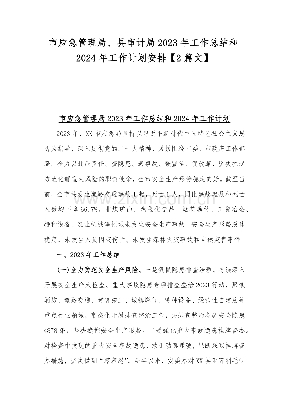 市应急管理局、县审计局2023年工作总结和2024年工作计划安排【2篇文】.docx_第1页