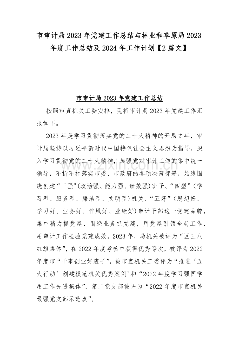 市审计局2023年党建工作总结与林业和草原局2023年度工作总结及2024年工作计划【2篇文】.docx_第1页