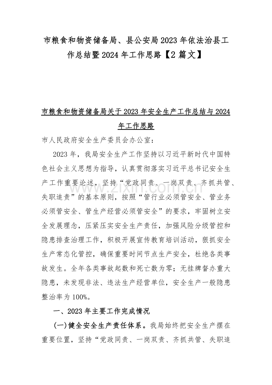 市粮食和物资储备局、县公安局2023年依法治县工作总结暨2024年工作思路【2篇文】.docx_第1页