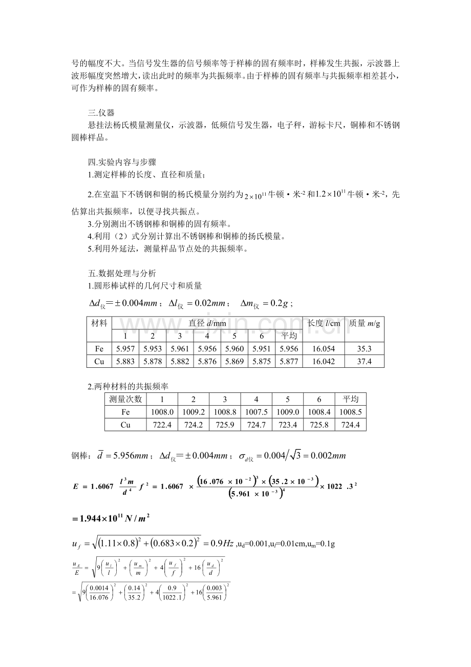 动态悬挂法测定金属材料的杨氏模量实验报告.doc_第2页