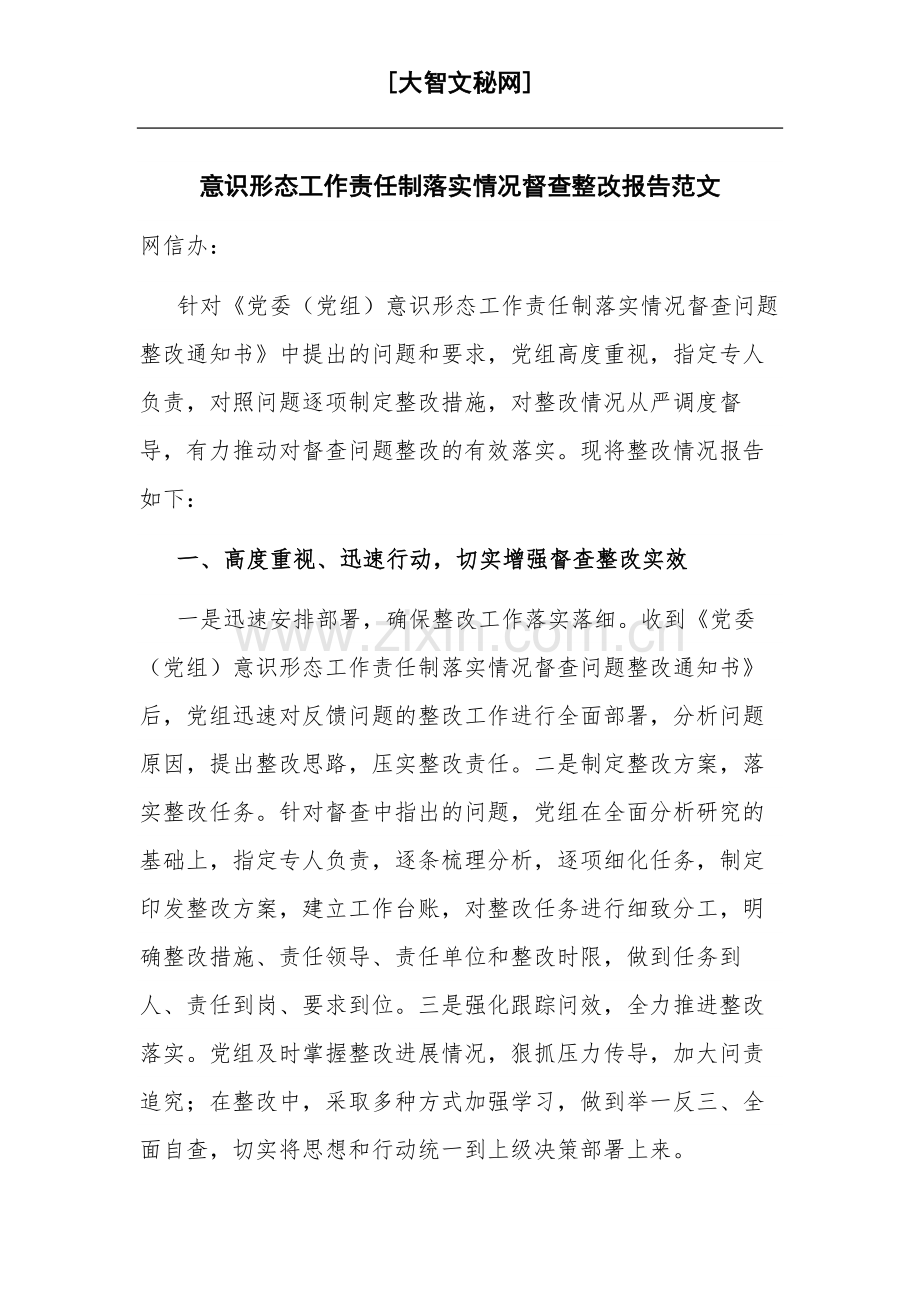 意识形态工作责任制落实情况督查整改报告范文.docx_第1页
