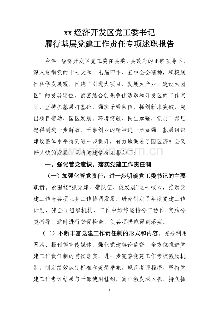党工委书记履行基层党建工作责任专项述职报告.doc_第1页