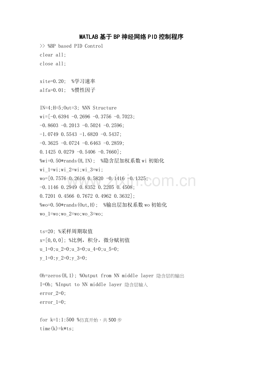 MATLAB基于BP神经网络PID控制程序.docx_第1页