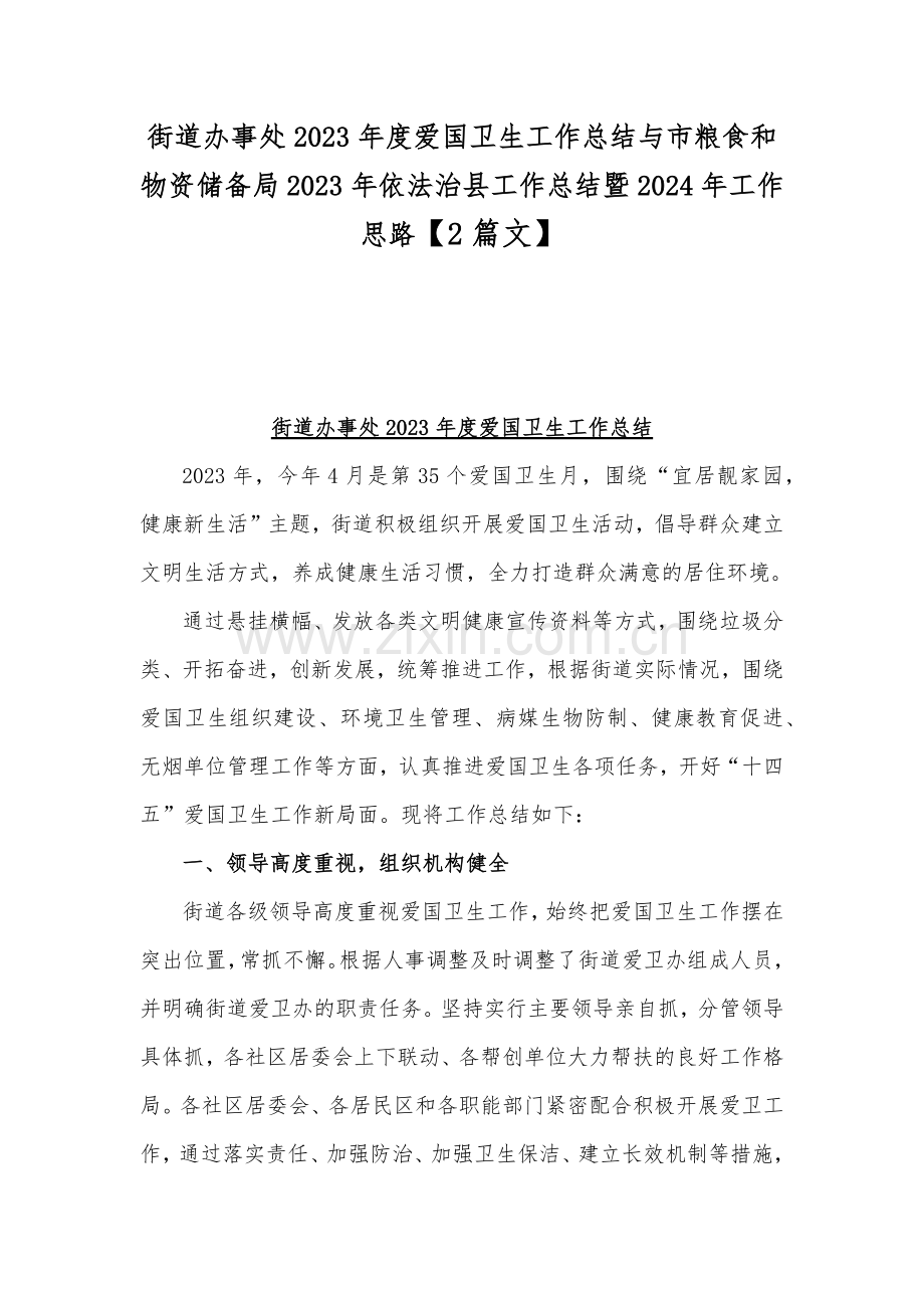 街道办事处2023年度爱国卫生工作总结与市粮食和物资储备局2023年依法治县工作总结暨2024年工作思路【2篇文】.docx_第1页