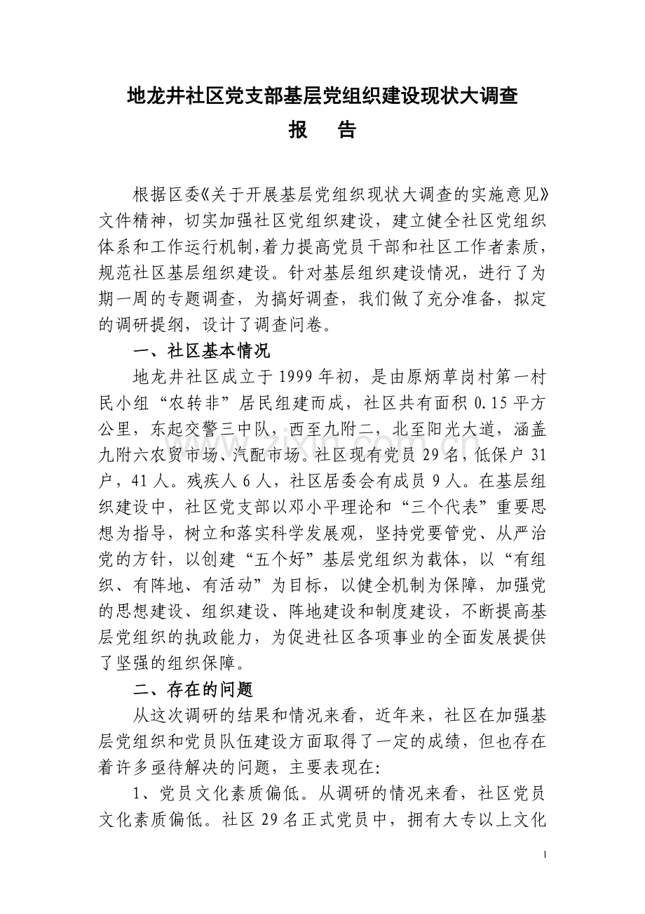 地龙井社区党支部基层组织建设情况的调查报告.doc_第1页