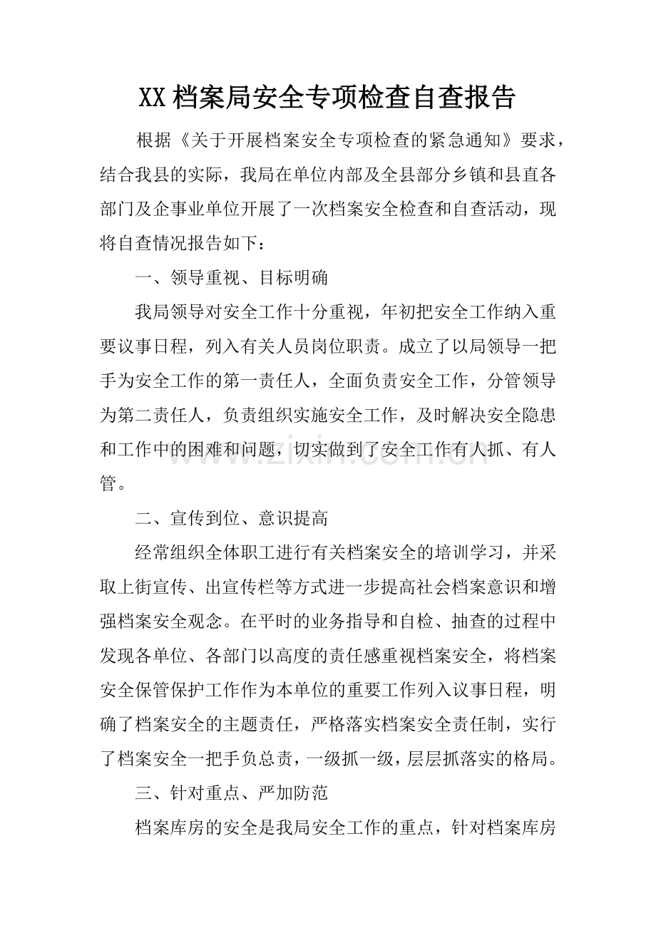 XX档案局安全专项检查自查报告.docx_第1页