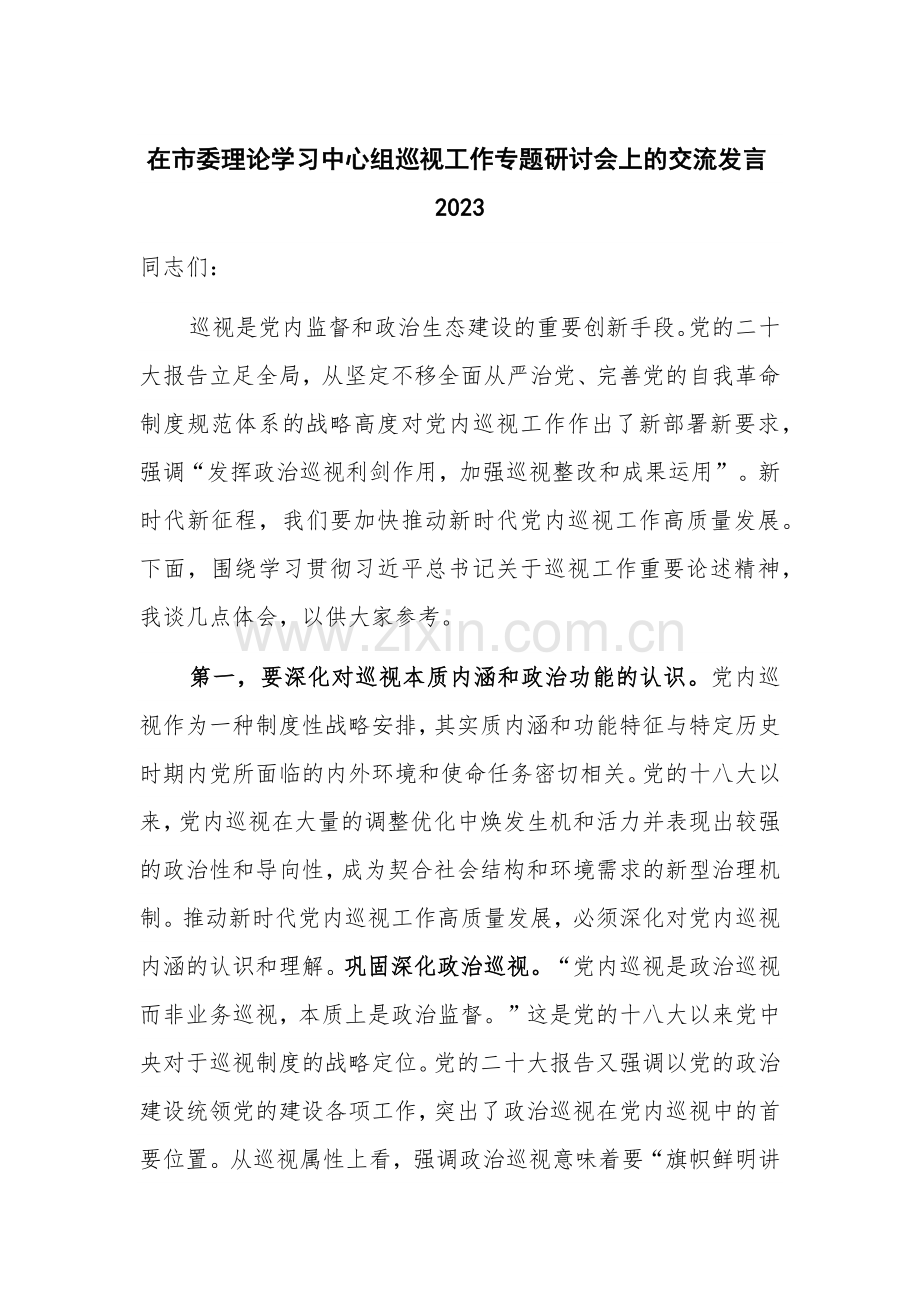在市委理论学习中心组巡视工作专题研讨会上的交流发言2023.docx_第1页