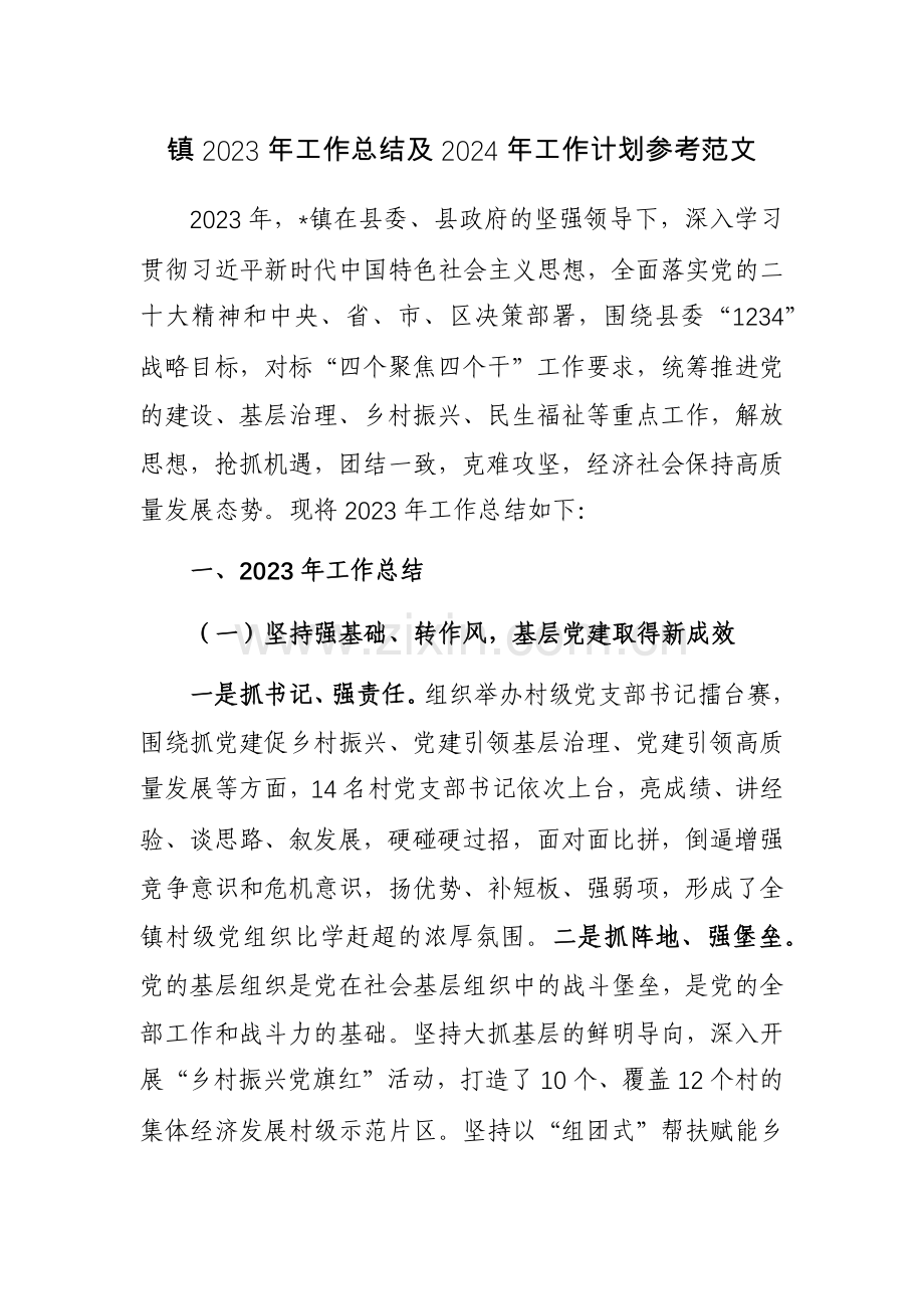 镇2023年工作总结及2024年工作计划参考范文.docx_第1页