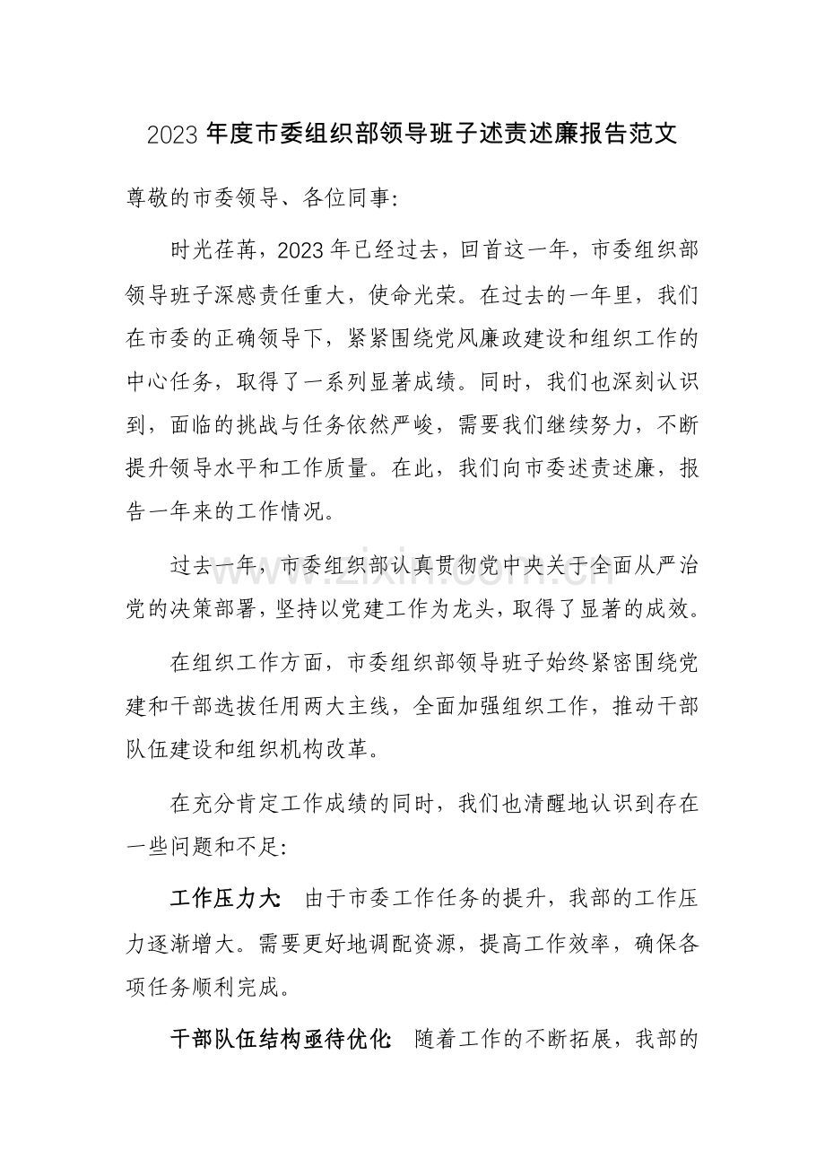 2023年度组织部领导班子述责述廉报告范文.docx_第1页