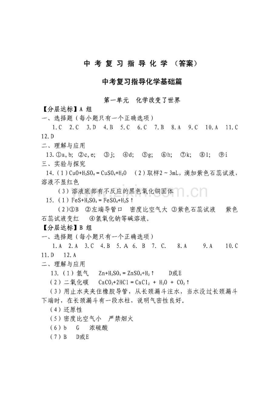 中考复习指导化学基础篇、综合篇、模拟篇(答案).pdf_第1页