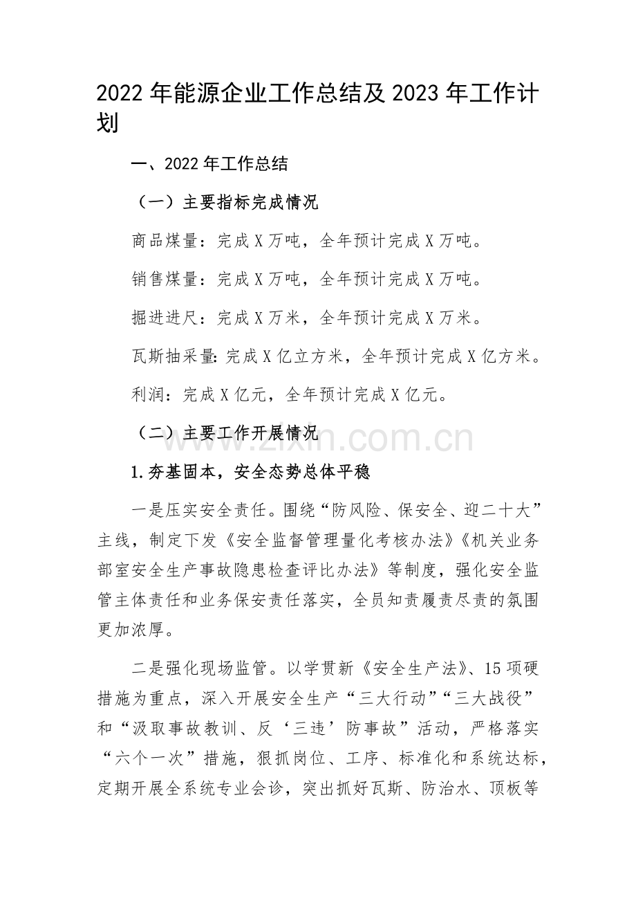 2022年能源企业工作总结及2023年工作计划.docx_第1页