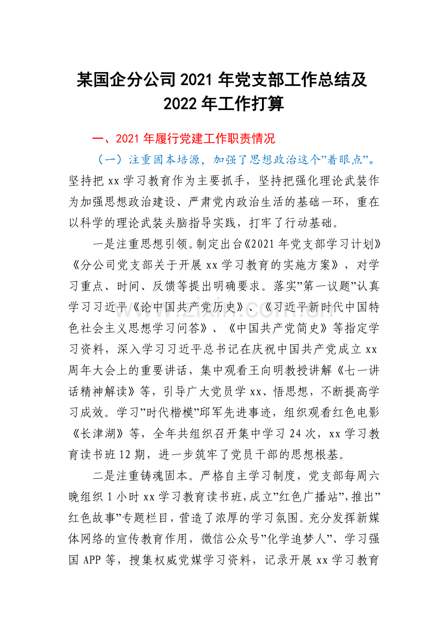 某国企分公司2021年党支部工作总结及2022年工作打算.docx_第1页