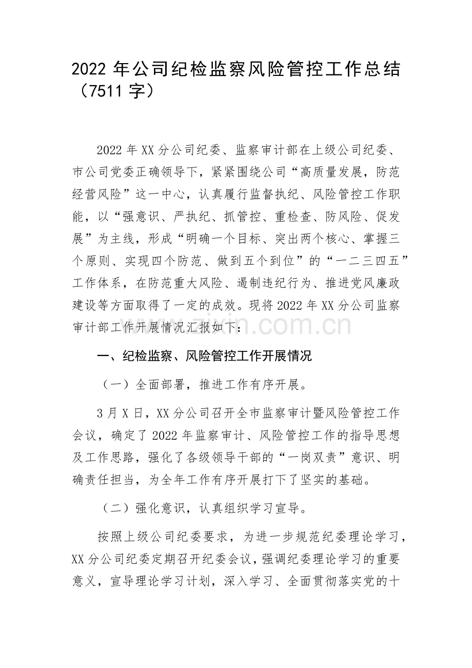 2022年公司纪检监察风险管控工作总结.docx_第1页