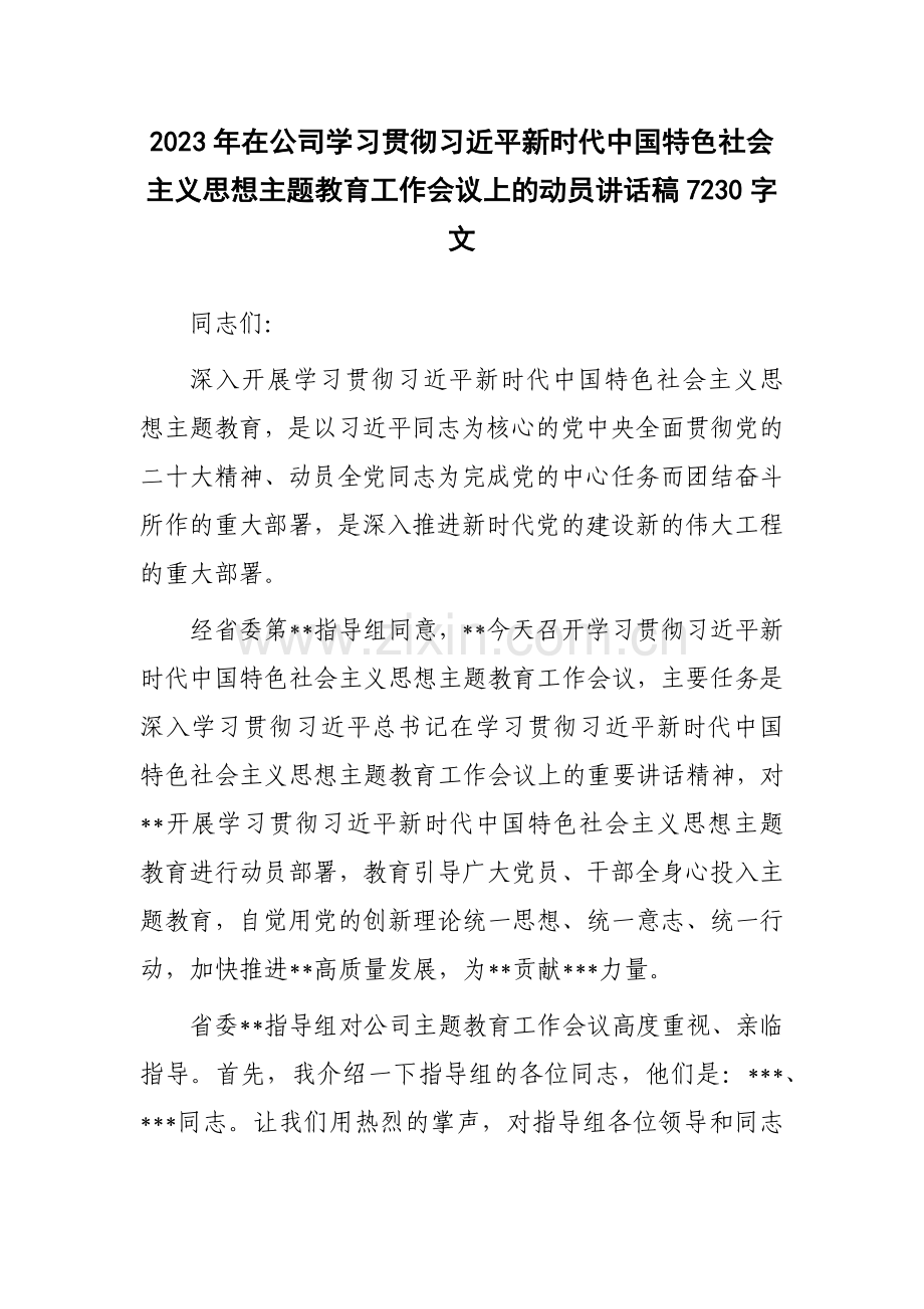 2023年在公司学习贯彻习近平新时代中国特色社会主义思想主题教育工作会议上的动员讲话稿7230字文.docx_第1页