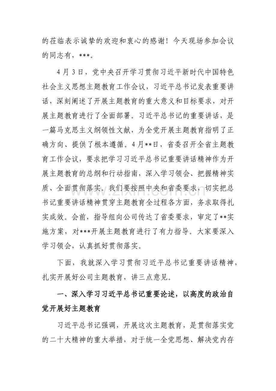 2023年在公司学习贯彻习近平新时代中国特色社会主义思想主题教育工作会议上的动员讲话稿7230字文.docx_第2页