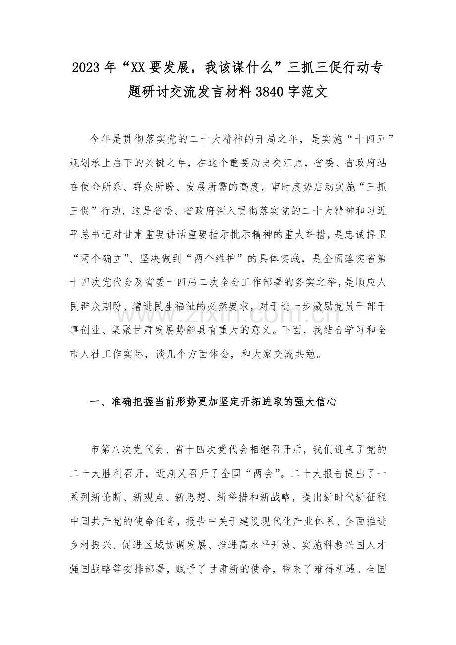 2023年“XX要发展我该谋什么”三抓三促行动专题研讨交流发言材料3840字范文.docx_第1页
