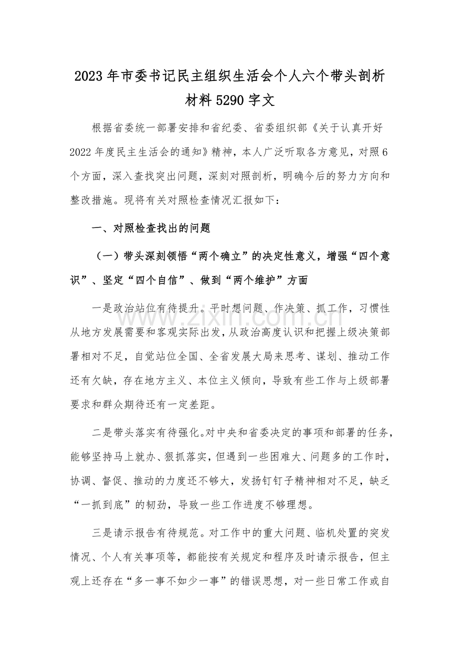 2023年市委书记民主组织生活会个人六个带头剖析材料5290字文.docx_第1页
