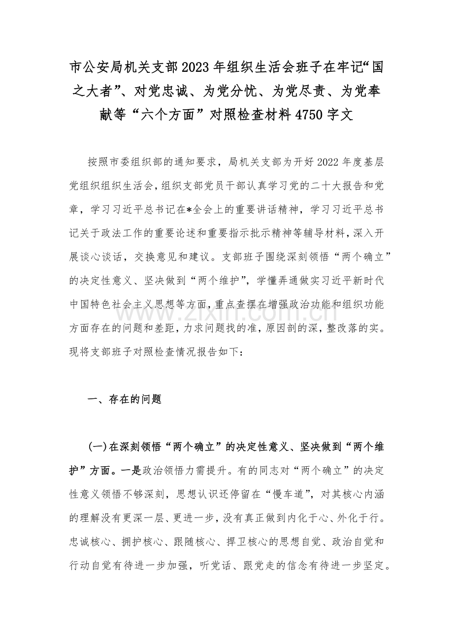 市公安局机关支部2023年组织生活会班子在牢记“国之大者”、对党忠诚、为党分忧、为党尽责、为党奉献等“六个方面”对照检查材料4750字文.docx_第1页